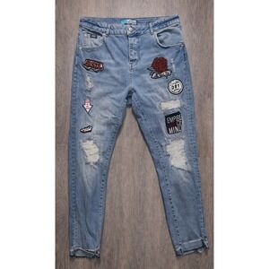 SuperDry Riley Girlfriend Jeans Womens 32x30 Blue Distressed Skater Patch Frayed